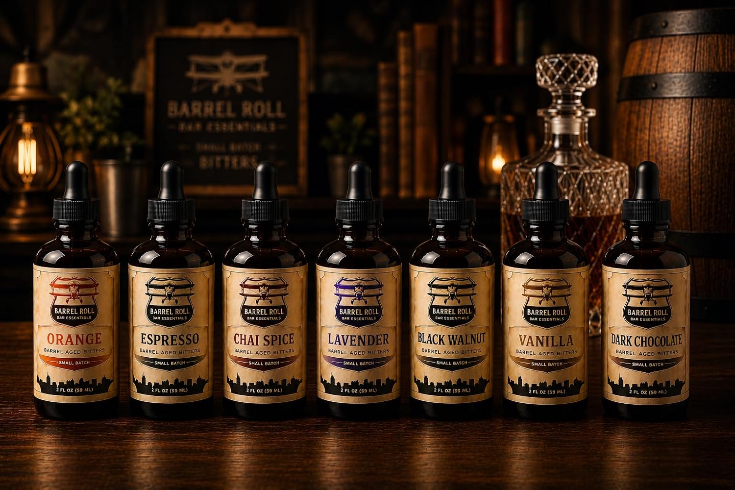 Barrel Roll bitters collection displayed on a wooden bar