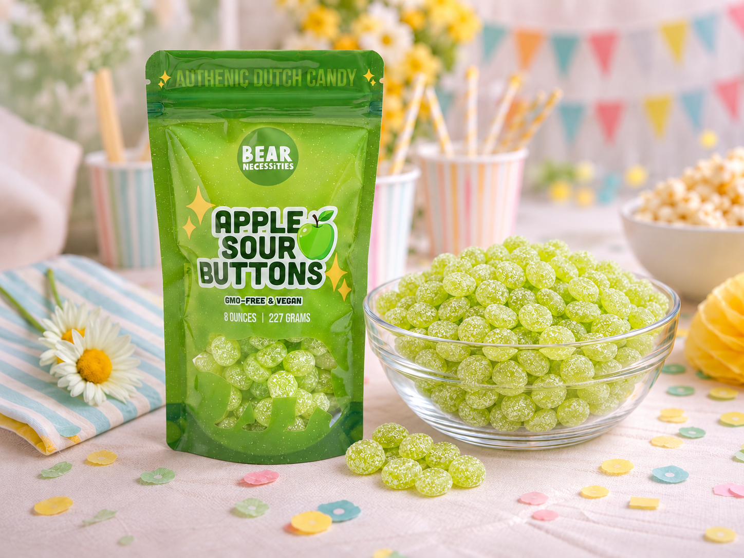 Bear Necessities Apple Sour Buttons bag beside a bowl of candy on a festive table