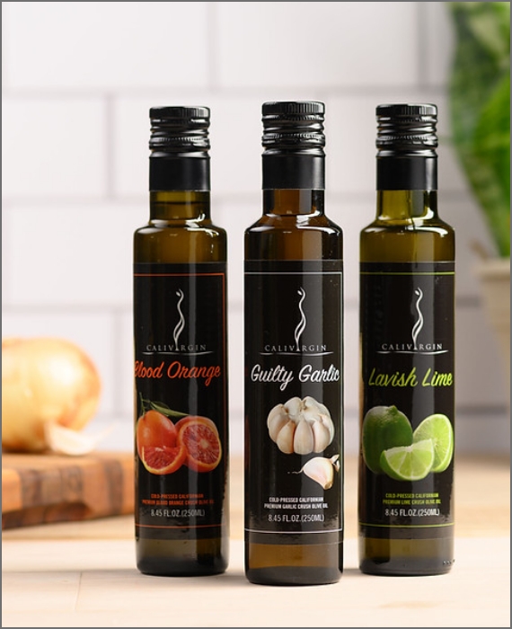 Calivirgin infused olive oils in a kitchen setting