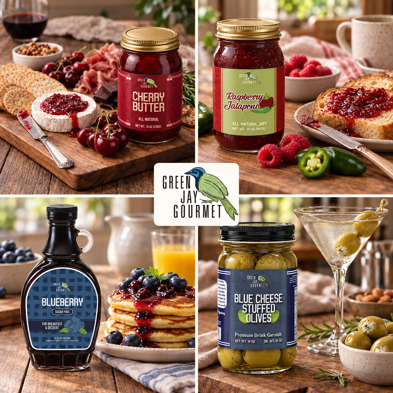 Green Jay Gourmet cherry butter, raspberry jalapeño jam, blueberry syrup, and blue cheese stuffed olives with the Green Jay Gourmet bird logo