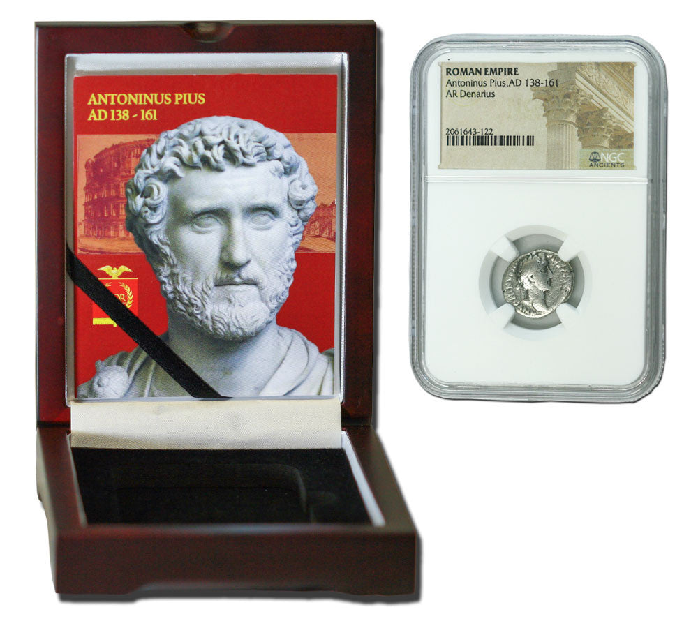 Antoninus Pius Roman Silver Denarius NGC Certified Slab Boxed Coin Collection (Low grade)