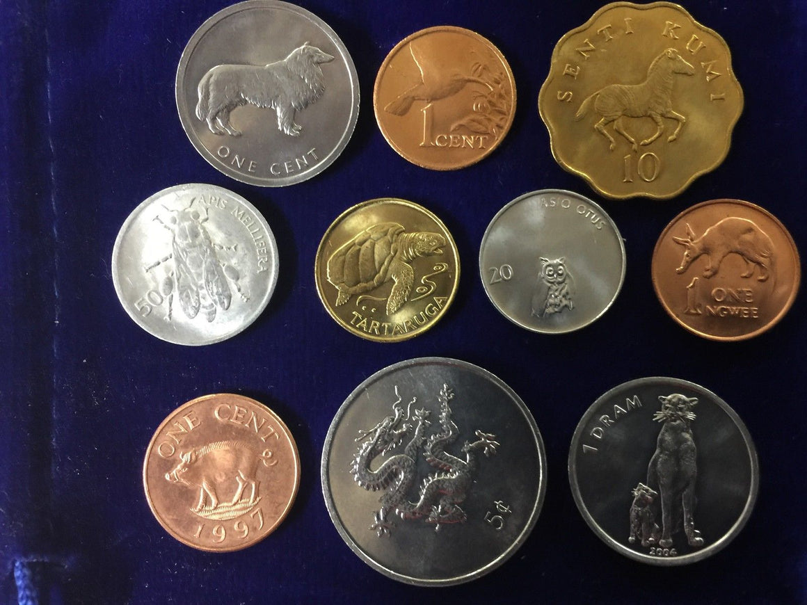 10 Different Uncirculated Animal Coins from 9 Different Countries and Gift Bag